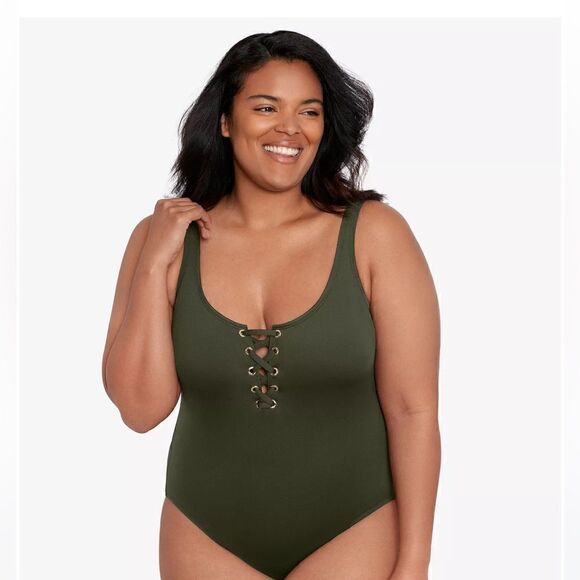 Ralph Lauren One-Piece Swimsuit Beach Club Solids Lace Front Swimwear Olive 22W - Picture 1 of 13